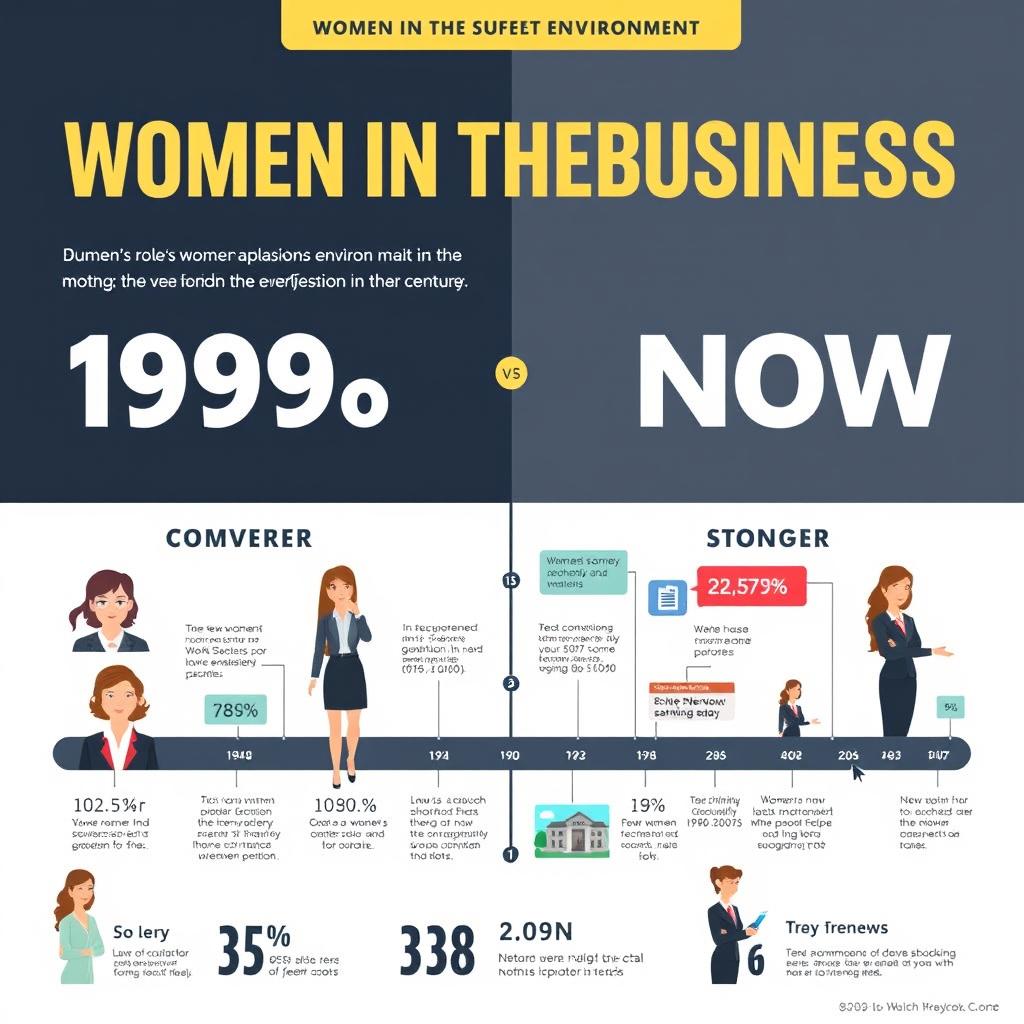 A visually engaging infographic that highlights the changing role of women in the business environment over the past century, with a focus on 25 years ago versus today