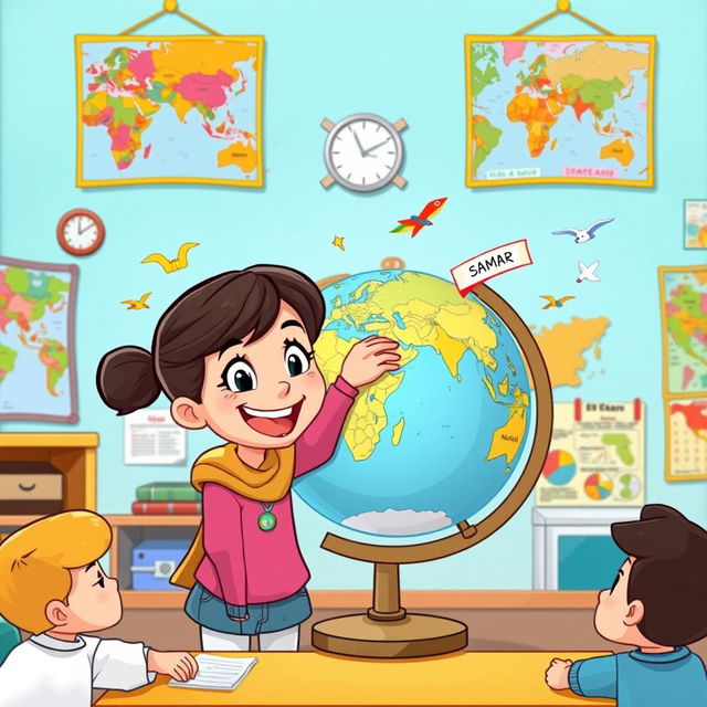 In a vibrant cartoon style, depict a lively classroom setting where Samar, an enthusiastic and engaged girl, points out different locations on a globe with a bright smile and sparkling eyes