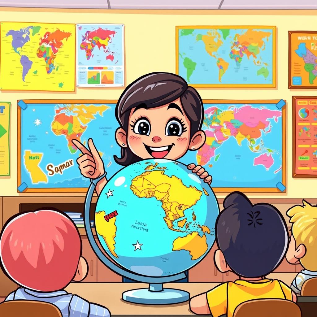 In a vibrant cartoon style, depict a lively classroom setting where Samar, an enthusiastic and engaged girl, points out different locations on a globe with a bright smile and sparkling eyes