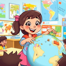 In a vibrant cartoon style, depict a lively classroom setting where Samar, an enthusiastic and engaged girl, points out different locations on a globe with a bright smile and sparkling eyes