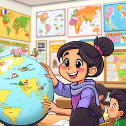 In a vibrant cartoon style, depict a lively classroom setting where Samar, an enthusiastic and engaged girl, points out different locations on a globe with a bright smile and sparkling eyes