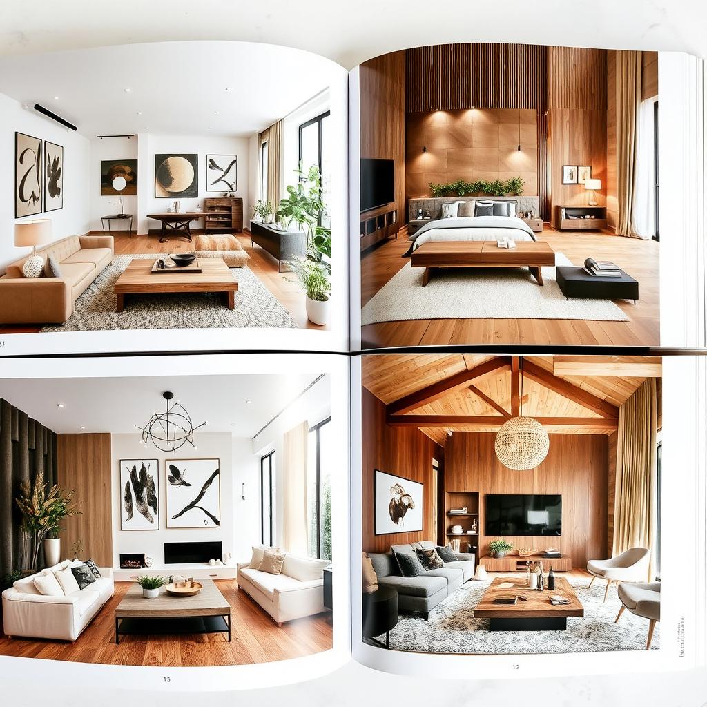 A beautifully curated interior design catalogue showcasing a variety of stunning living spaces, including elegant contemporary and cozy rustic designs