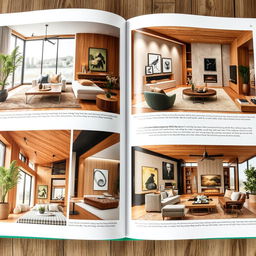 A beautifully curated interior design catalogue showcasing a variety of stunning living spaces, including elegant contemporary and cozy rustic designs