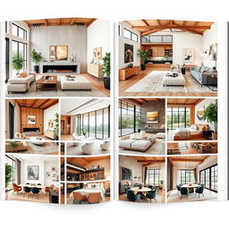 A beautifully curated interior design catalogue showcasing a variety of stunning living spaces, including elegant contemporary and cozy rustic designs