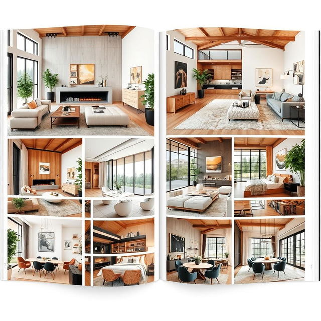 A beautifully curated interior design catalogue showcasing a variety of stunning living spaces, including elegant contemporary and cozy rustic designs