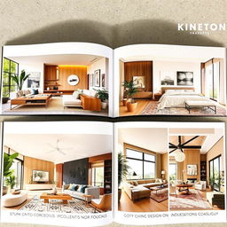 A beautifully curated interior design catalogue showcasing a variety of stunning living spaces, including elegant contemporary and cozy rustic designs