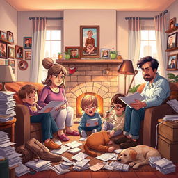 A scene depicting a family gathered in a cozy living room, surrounded by clutter that signifies parental obligations and stress