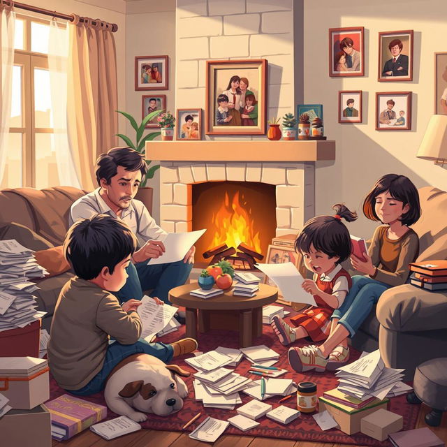 A scene depicting a family gathered in a cozy living room, surrounded by clutter that signifies parental obligations and stress