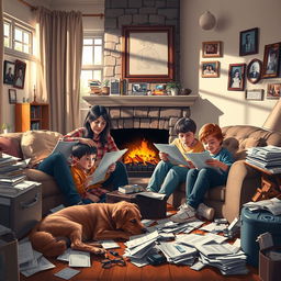 A scene depicting a family gathered in a cozy living room, surrounded by clutter that signifies parental obligations and stress