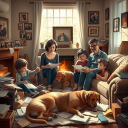 A scene depicting a family gathered in a cozy living room, surrounded by clutter that signifies parental obligations and stress