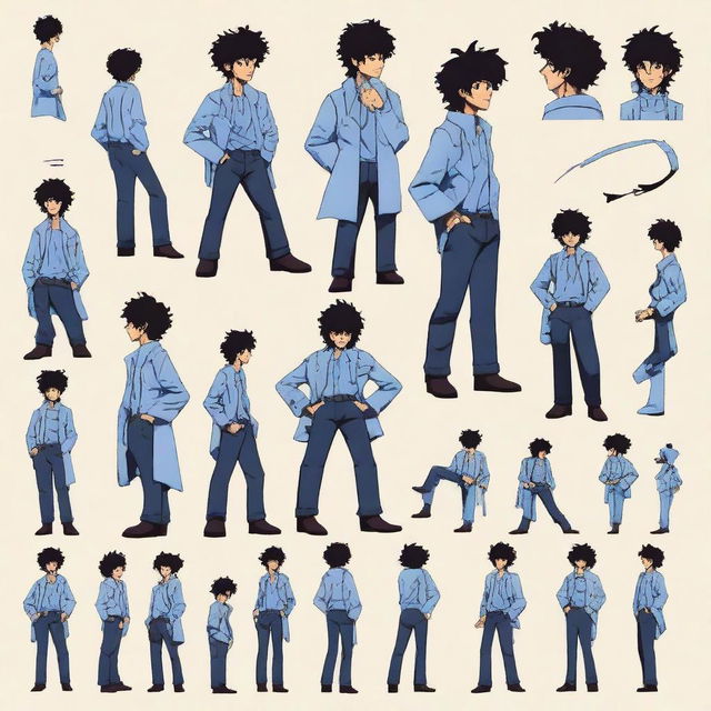 A high-quality, 2D vector sprite sheet featuring Spike Spiegel from Cowboy Bebop in RPG style