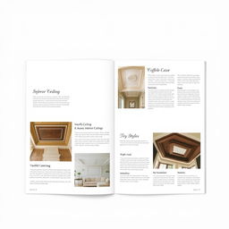 A professional and simple A4 landscape layout for an interior ceiling design catalogue, showcasing various innovative ceiling styles and designs