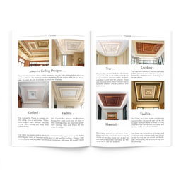 A professional and simple A4 landscape layout for an interior ceiling design catalogue, showcasing various innovative ceiling styles and designs