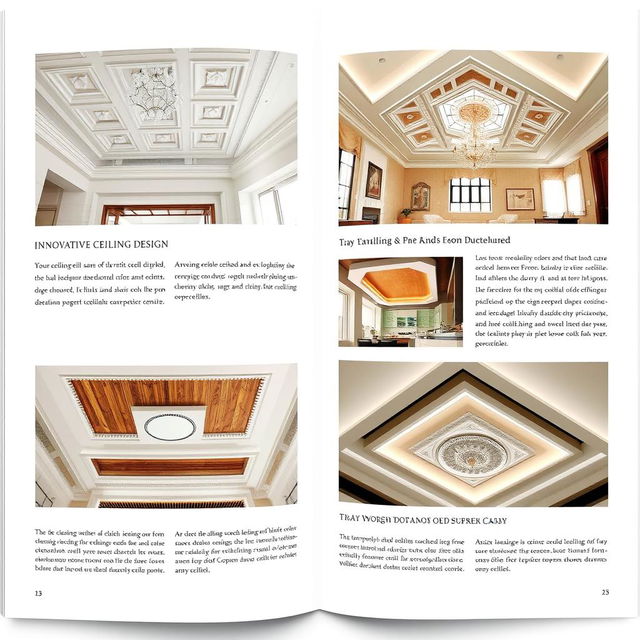 A professional and simple A4 landscape layout for an interior ceiling design catalogue, showcasing various innovative ceiling styles and designs