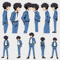 A high-quality, 2D vector sprite sheet featuring Spike Spiegel from Cowboy Bebop in RPG style