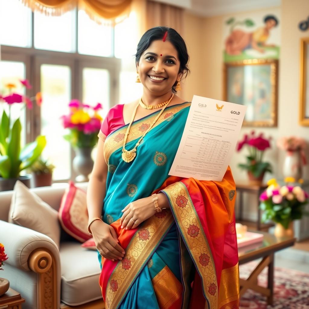 A fashionable Indian bhabhi wearing a beautiful traditional saree in vivid colors, adorned with intricate patterns and gold jewelry