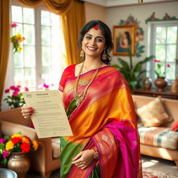 A fashionable Indian bhabhi wearing a beautiful traditional saree in vivid colors, adorned with intricate patterns and gold jewelry