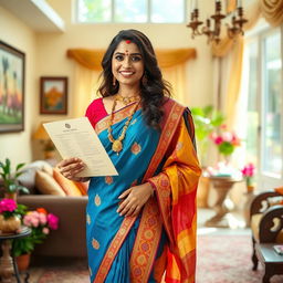 A fashionable Indian bhabhi wearing a beautiful traditional saree in vivid colors, adorned with intricate patterns and gold jewelry