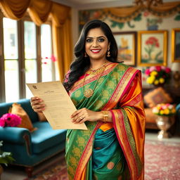 A fashionable Indian bhabhi wearing a beautiful traditional saree in vivid colors, adorned with intricate patterns and gold jewelry