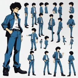 A high-quality, 2D vector sprite sheet featuring Spike Spiegel from Cowboy Bebop in RPG style