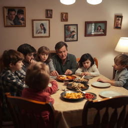 A family sitting around a dinner table, with expressions of obligation and stress on their faces