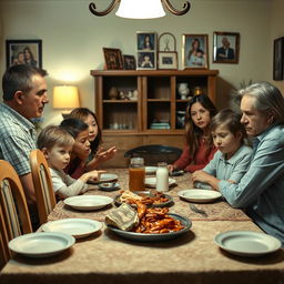 A family sitting around a dinner table, with expressions of obligation and stress on their faces