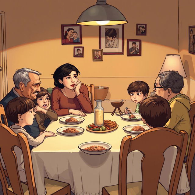 A family sitting around a dinner table, with expressions of obligation and stress on their faces