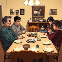 A family sitting around a dinner table, with expressions of obligation and stress on their faces