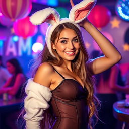 A long-haired girl dressed in a sexy bunny costume, with playful bunny ears and a form-fitting outfit that accentuates her curves