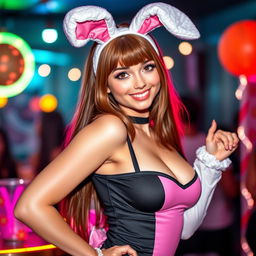 A long-haired girl dressed in a sexy bunny costume, with playful bunny ears and a form-fitting outfit that accentuates her curves