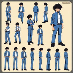 A high-quality, 2D vector sprite sheet featuring Spike Spiegel from Cowboy Bebop in RPG style