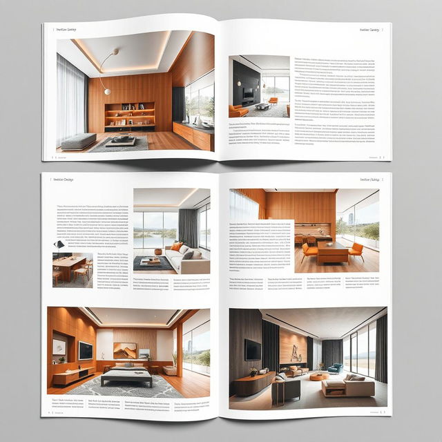 A professional and simple A4 layout for an interior design catalogue, featuring full-page high-resolution images of beautifully designed interiors with minimal text