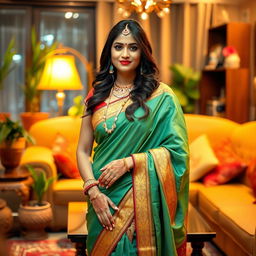 An Indian bhabhi elegantly dressed in a traditional saree, adorned with gold jewelry and intricate mehndi on her hands