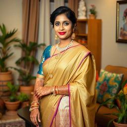 An Indian bhabhi elegantly dressed in a traditional saree, adorned with gold jewelry and intricate mehndi on her hands