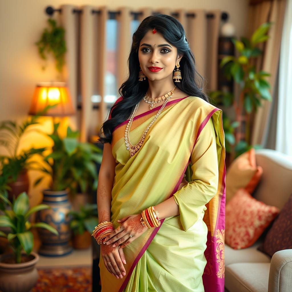 An Indian bhabhi elegantly dressed in a traditional saree, adorned with gold jewelry and intricate mehndi on her hands