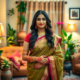 An Indian bhabhi elegantly dressed in a traditional saree, adorned with gold jewelry and intricate mehndi on her hands