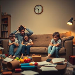 A family in a living room, visibly stressed and overwhelmed by their daily challenges