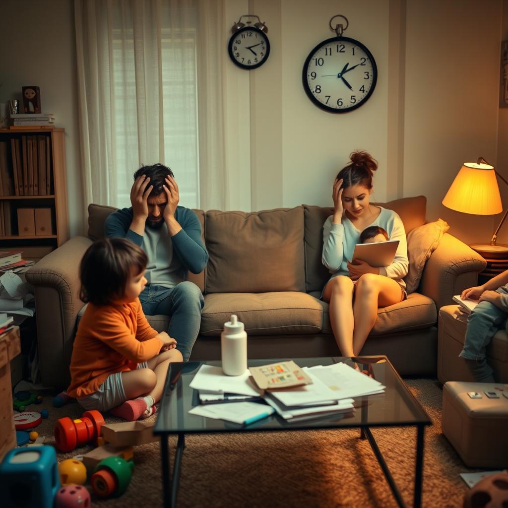 A family in a living room, visibly stressed and overwhelmed by their daily challenges