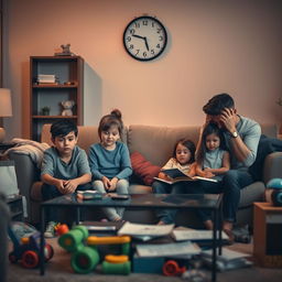 A family in a living room, visibly stressed and overwhelmed by their daily challenges