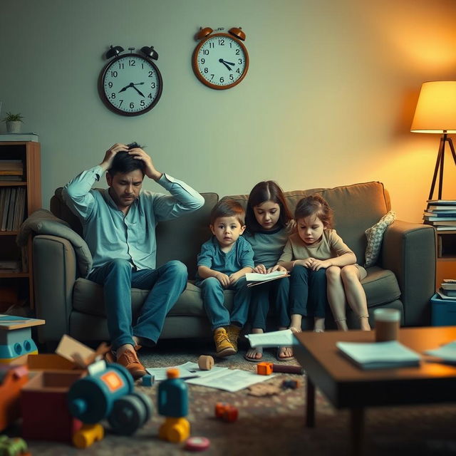 A family in a living room, visibly stressed and overwhelmed by their daily challenges