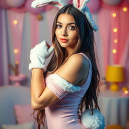 A long-haired girl dressed in a sexy bunny costume, showcasing her armpit in a playful and flirtatious manner