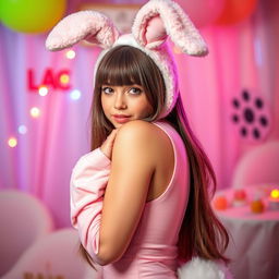 A long-haired girl dressed in a sexy bunny costume, showcasing her armpit in a playful and flirtatious manner