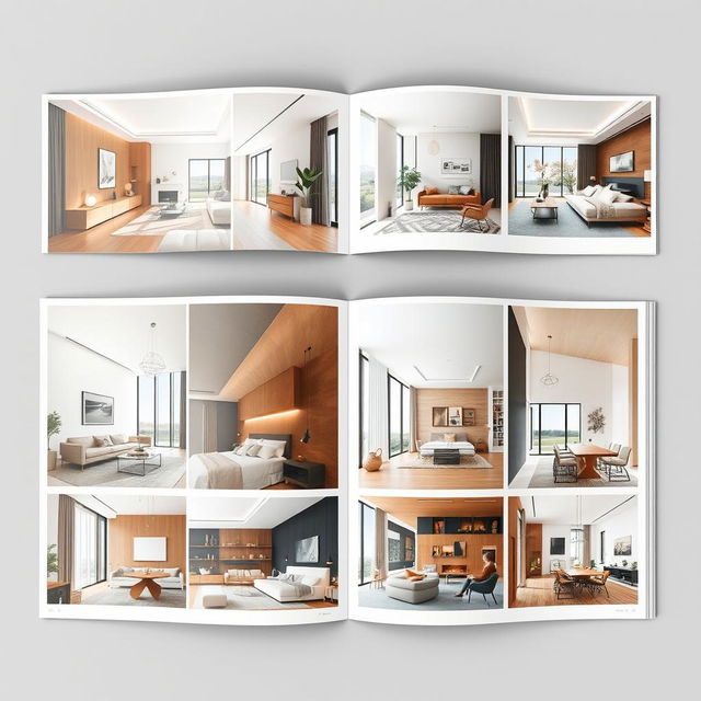 A professional and simple A4 layout for an interior design catalogue, featuring full-page high-resolution images of stunning interior designs without any text