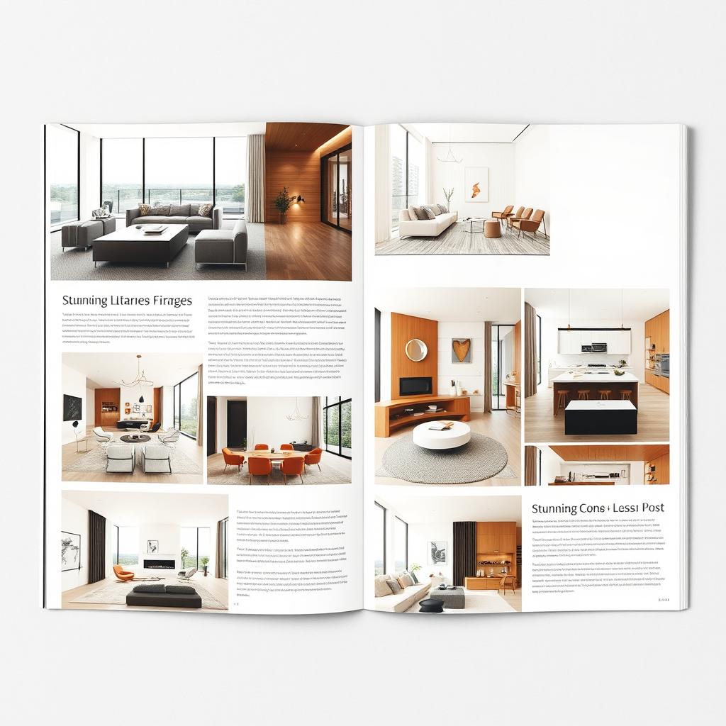 A professional and simple A4 layout for an interior design catalogue, featuring full-page high-resolution images of stunning interior designs without any text