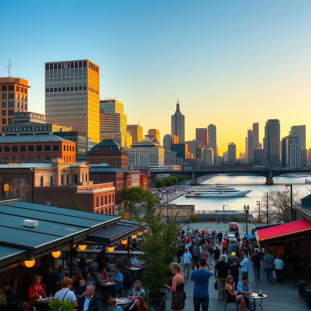 A vibrant cityscape of Detroit, showcasing its iconic skyline featuring the Renaissance Center, historic architecture and murals