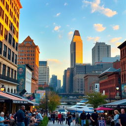 A vibrant cityscape of Detroit, showcasing its iconic skyline featuring the Renaissance Center, historic architecture and murals