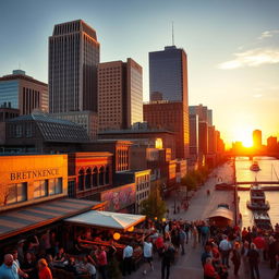 A vibrant cityscape of Detroit, showcasing its iconic skyline featuring the Renaissance Center, historic architecture and murals