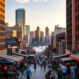 A vibrant cityscape of Detroit, showcasing its iconic skyline featuring the Renaissance Center, historic architecture and murals