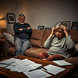 A man and woman in their living room, both showing signs of stress and concern as they discuss the pressures related to caring for their elderly parents