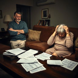 A man and woman in their living room, both showing signs of stress and concern as they discuss the pressures related to caring for their elderly parents